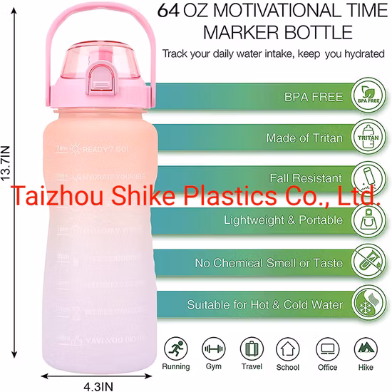 漏れ防止 Tritan BPA フリー 2L フィットネスアウトドアスポーツウォータージャグタイムマーカー付き大型プラスチックモチベーションウォーターボトル